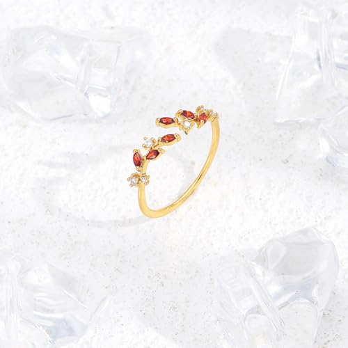 Gold Rings Non Tarnish Silver Adjustable Rings for Women Cubic Zirconia Leaf Ring Dainty Silver Stackable Ring for Women - style: red
