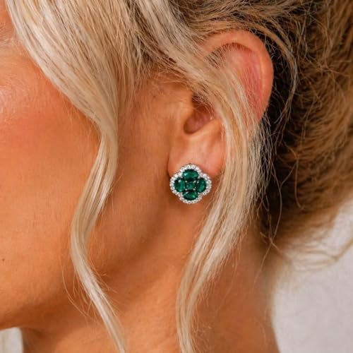 Green/Blue Zircon 4-Leaf Clover Jewelry Set – Necklace, Ring, Earrings – Women's Wedding & Evening Gift for Wife, Girlfriend, Mother – Comes with Gift Box - color: Green Earrings