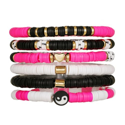 Friendship Bracelets for Women - Heishi Surfer Colorful Smile Evil Eye Clay Beaded Stretch Bracelets Elastic Layering - Stackable Boho Disc Y2K Aesthetic Summer Jewelry Set. - color: TS-5PC-hero
