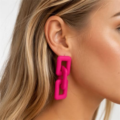 Chunky Chain Earrings for Women, Hot Pink Geometric Link Drop Earrings Statement Acrylic Dangle Jewelry Trendy Fashion for Party Daily Wear