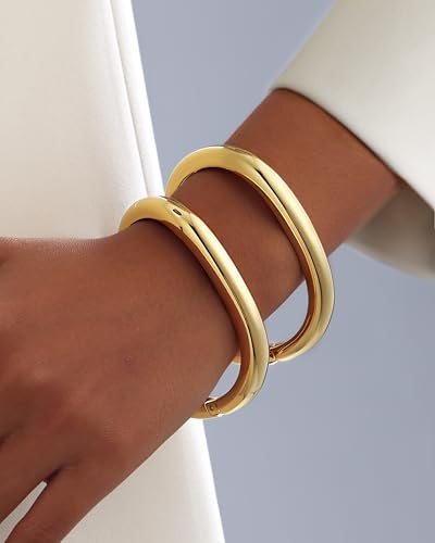 2pcs Gold Bangle Bracelets for Women, Trendy Hinged Cuff Open Wide Chunky Gold Bracelet Stack Arm Cuff Jewelry for Women - color: G-Gold Bangle