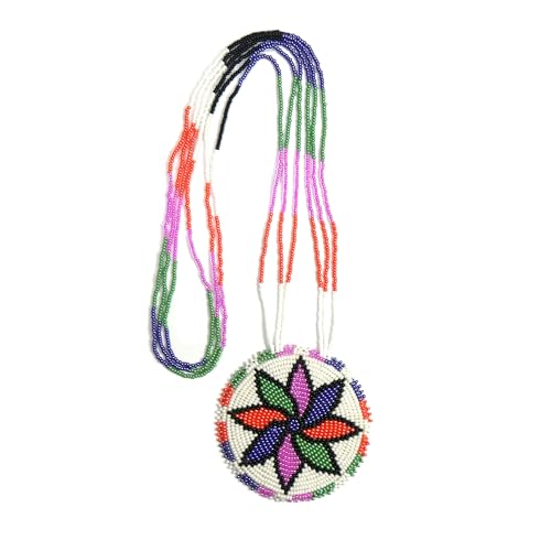 Handmade Native American Style Tribal ethnic Seed Bead Beaded Layered Medallion Necklace - color: Off White Floral