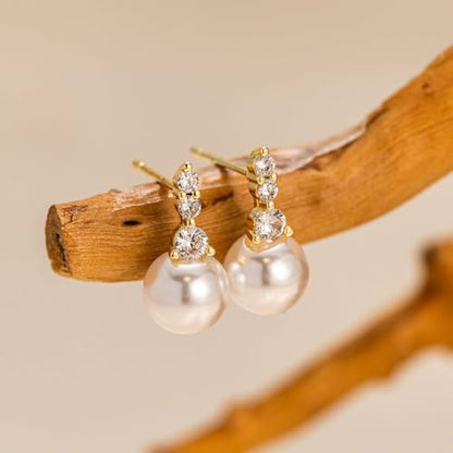 Pearl Earrings - 14K Gold/White Gold/Rose Gold Plated Cubic Zirconia CZ Diaomond Accented Pearl Drop Dangle Earrings for Women Wedding Bridal Prom - color: Style 221