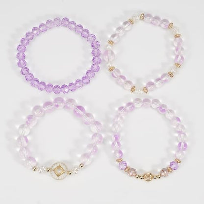 Boho Beaded Bracelet Set for Women - 4 Pcs Multilayer Stackable Crystal Glass Bead Bracelets with Faux Pearl Elastic Stretch Fashion Jewelry for Daily Wear, Beach, Party & Gifts - color: Purple