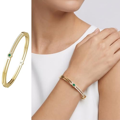 AuraLyric Gold Bracelets for Women, 14K Gold Plated Nail/Love/Emerald Green/Teardrop/Round White CZ Bangle Bracelets, Stackable Gold Bangles Non Tarnish, Gifts for Wife Mom Daughter 6.5 Inch - color: Green & White CZ - Round
