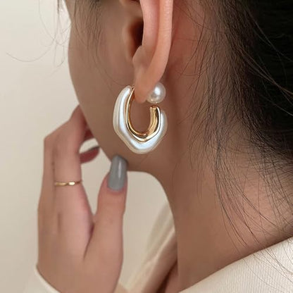 Acrylic Open Hoop Statement Earrings for Women,Fashion Chunky Geometric Resin Double Sided C Earrings,Minimalist Pearl Open Hoop Earrings Jewelry