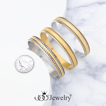 555Jewelry 12mm Wide Stainless Steel Solid Slip On Bangle Bracelet for Women With Small Wrist - color: Silver\Gold\Rose (Large)