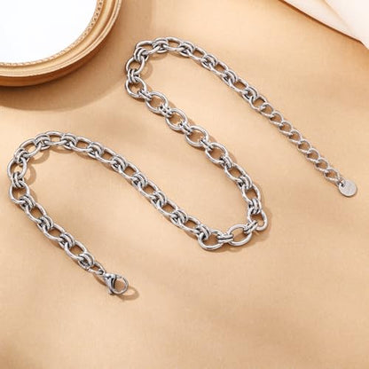 FEEL STYLE Chunky Gold Necklace for Women - 14K Gold Plated 10mm/14mm Cuban Link Chain & 8mm O-Link Chunky Necklace Fashion Jewelry Adjustable - color: Silver Chain, style: 8MM O-Chain