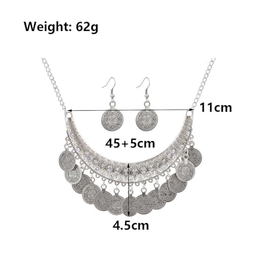 Chunky Coin Necklace Earrings Set,Bohemia Plated Gold Coin Tassel Personalized Choker Earrings,Ethnic Gypsy Statement Jewelry Set for Women - color: Silver