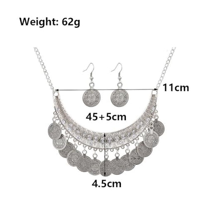 Chunky Coin Necklace Earrings Set,Bohemia Plated Gold Coin Tassel Personalized Choker Earrings,Ethnic Gypsy Statement Jewelry Set for Women - color: Silver