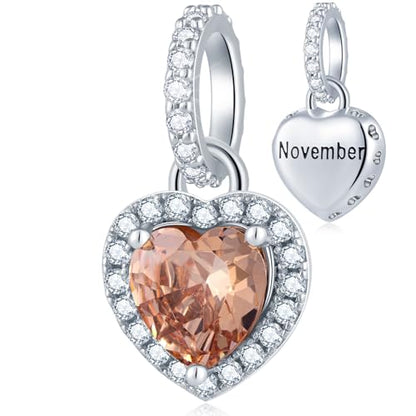 CHAWIN Birthstone Charms, 925 Sterling Silver Heart Dangle Charm, Sparkling CZ Compatible with Pandora Charm Bracelet, Necklace, Birthday Gifts for Women/Wife/Mother - style: 11# November