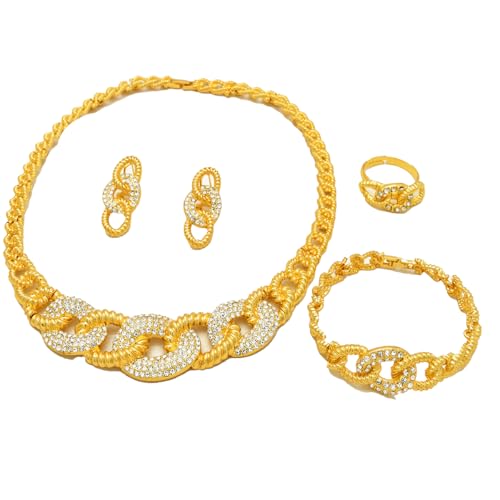 Fashion Crystal Jewelry Set For Women 18 K Gold Plated Jewelry Wedding Bride Dubai Gold Necklace Earrings Bracelet Ring 4 Pieces Set - color: S-701