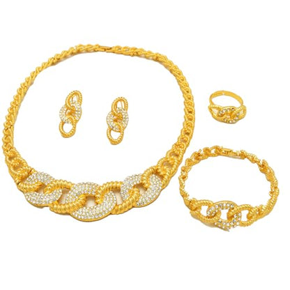 Fashion Crystal Jewelry Set For Women 18 K Gold Plated Jewelry Wedding Bride Dubai Gold Necklace Earrings Bracelet Ring 4 Pieces Set - color: S-701