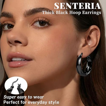 Senteria 12mm Wide Thick Sterling Silver Hoop Earrings Hypoallergenic | 14K Real Gold Plated Hoops Large Earring Lightweight Chunky Hoops Earring for Women Gift for Birthday Christmas 25/30/40/50MM - color: Black-50mm