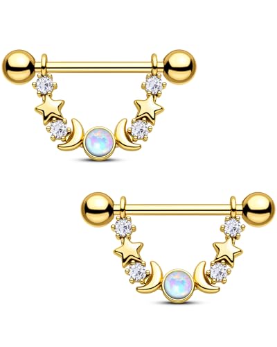 CM Crareesi Mania Opal Nipple Rings 316L Stainless Steel Nipple Shield Ring for Women 14G Moon Phase Nipple Piercing Jewelry - color: Gold-Star and Moon