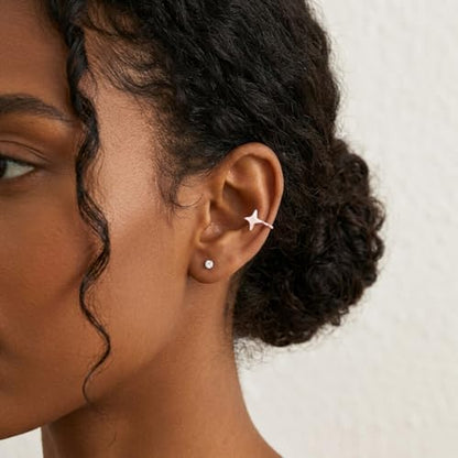 Reffeer Solid 925 Sterling Silver Star Cuff Earrings Cartilage Wraps for Women Teens Helix Earrings Star Clip On Earrings No Piercing - color: C-Rose Gold Plated