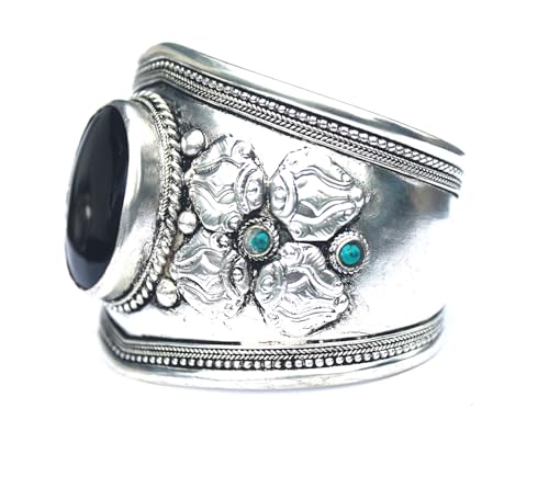 Boho Black Onyx Adjustable Cuff Bracelet | Argentium Plated Stainless Steel Jewelry for Men & Women