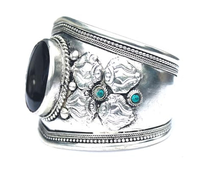 Boho Black Onyx Adjustable Cuff Bracelet | Argentium Plated Stainless Steel Jewelry for Men & Women