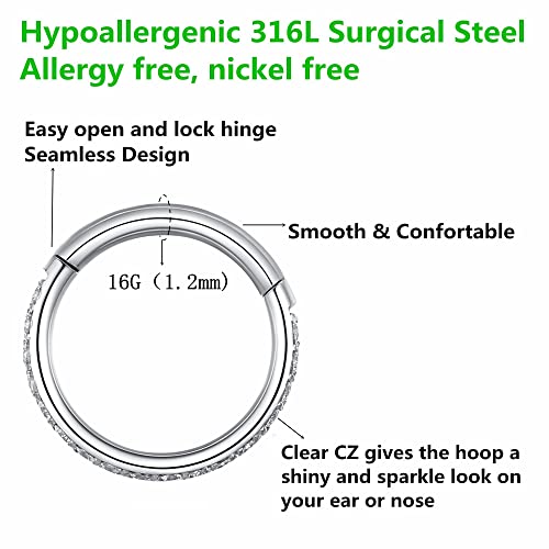 Clear CZ Nose Rings & Earrings - 316L Surgical Steel - Cartilage, Conch, Daith, Helix, Rook, Tragus, Lobe & Snug Body Piercing Jewelry - 20G, 18G - color: Silver, size: 1pc 16 Gauge 6mm