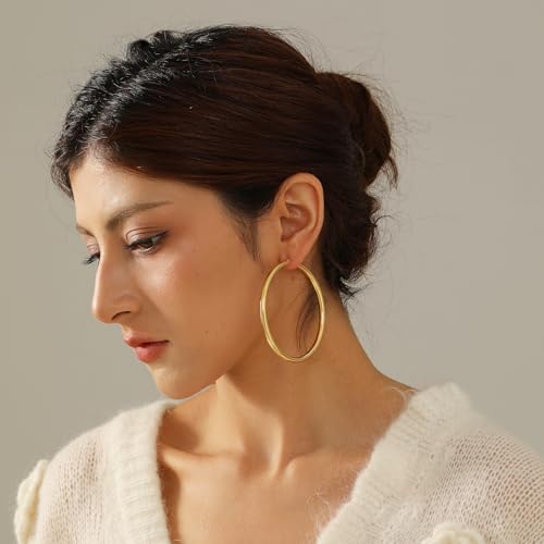 4mm Thick Gold Chunky Earrings Steling Silver Post Hoops Earrings For Women Hollow Tube Hoops Earrings Thick Gold Hoop Earrings Hypoallergenic Lightweight Gold Hoop Large Earrings 20/30/40/50/60MM - color: Gold,60mm
