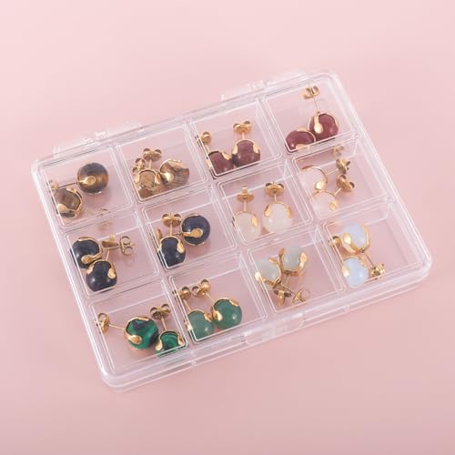 12 Pairs Multi Natural Gemstone Round Bead Ball Stud Earrings Stainless Steel Opal Tiger Eye Rose Quartz Onyx Stone Stud Earrings Set for Women - color: Gold 6mm