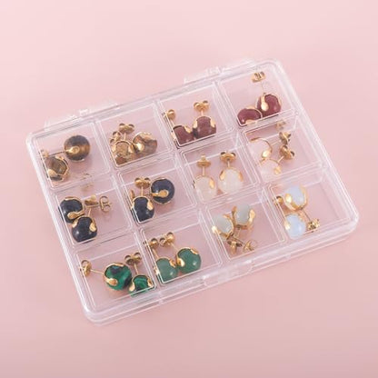 12 Pairs Multi Natural Gemstone Round Bead Ball Stud Earrings Stainless Steel Opal Tiger Eye Rose Quartz Onyx Stone Stud Earrings Set for Women - color: Gold 8mm
