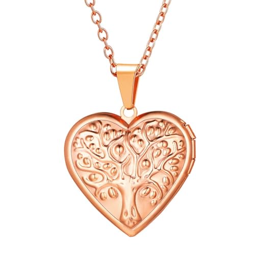 U7 Women Locket Necklace, Heart Photo Lockets Hold Picture, Gift Box Packed | Gold/Silver/Rose Locket Charm, Custom Picture and Engravement Heart Pendant, 20" Chain, Personalized Gift for Mom Wife Friend - color: 04# Rose Gold(Tree of Life)