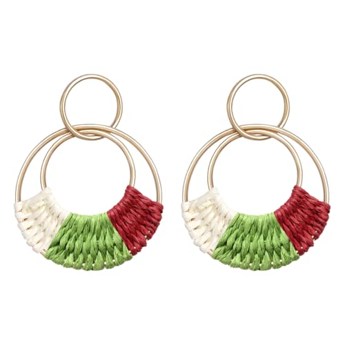 Raffia Hoop Earrings for Women Fun Boho Summer Beach Earrings Lightweight Handmade Straw Wicker Rattan Dangle Earrings Statement Geometric Round Drop Earrings - color: Christmas - Round