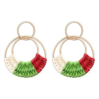 Raffia Hoop Earrings for Women Fun Boho Summer Beach Earrings Lightweight Handmade Straw Wicker Rattan Dangle Earrings Statement Geometric Round Drop Earrings - color: Christmas - Round