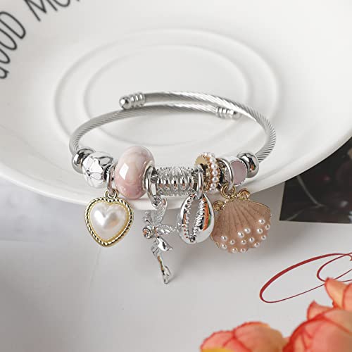 DS Charm Bracelets for girls,exquisite cute cartoon friendship bracelets Silver Stainless Steel Bangle with birthday Gift box, Adjustable girls jewelry Suitable for holiday gifts - style: Silver-Pink Shell Angel