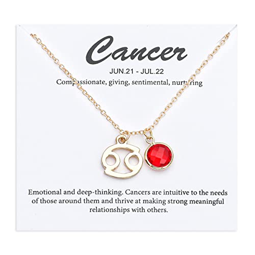 14k Gold Plated Zodiac Birthstone Crystal Pendant Necklace, Horoscope Sign Charm Necklace for Women Birthday Gift - color: Cancer-July