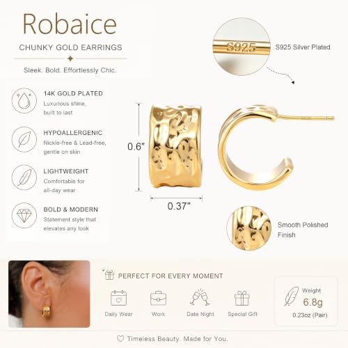 Robaice Chunky Huggie Earring for Women，14K Gold Plated Hoop Earrings | Gold Huggie 925 Sterling Silver Post Earrings, Statement Trendy Hoop Earring，Fashion Lightweight Jewelry Gifts for Women - color: Gold-E