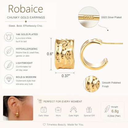 Robaice Chunky Huggie Earring for Women，14K Gold Plated Hoop Earrings | Gold Huggie 925 Sterling Silver Post Earrings, Statement Trendy Hoop Earring，Fashion Lightweight Jewelry Gifts for Women - color: Gold-E