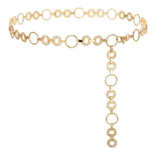 WHIPPY Metal Waist Chain Belt Women Adjustable Body Link Belts Ladies Fashion Chain for Jeans Dress - color: Gold, size: M: Fit for Waist up to 36", style: A Round
