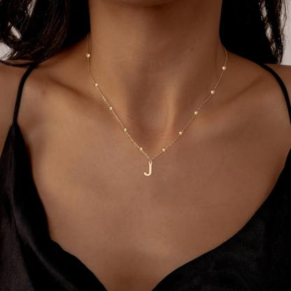 Initial Necklace for Women 14K Gold Silver Dainty Letter Necklace | Personalized Monogram Name Charm Pendant, Simple Bead Chain, Trendy Jewelry Gift, Non Tarnish - style: J