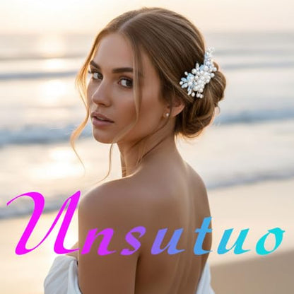 Unsutuo Navy Blue Rhinestone Hair Comb Saffire Crystal Hair Pieces Pearl Wedding Hair Accessories for Women and Girls