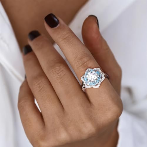 Flower Cocktail Ring for Women Stone Engagement Anniversary Rings | Sterling Silve|Hypoallergenic|Ruby|Sapphire|Emerald|Wedding and Birthday Party Women Statement Ring|Mother and Grandma Gift - color: Aquamarine (Mar.)