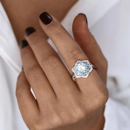 Flower Cocktail Ring for Women Stone Engagement Anniversary Rings | Sterling Silve|Hypoallergenic|Ruby|Sapphire|Emerald|Wedding and Birthday Party Women Statement Ring|Mother and Grandma Gift - color: Aquamarine (Mar.)
