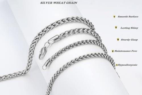 FOSIR Silver Wheat Chain Necklace for Men and Women, Stainless Steel Chains 2.5mm 3mm 4mm 5mm Mens Necklaces - size: 30.0 Inches long, style: 4.0mm wide