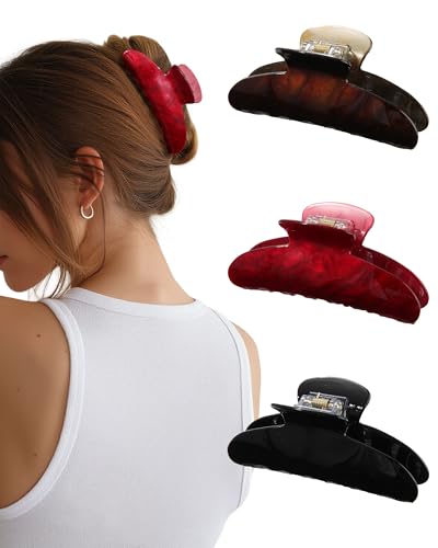 Molans 3PCS Hair Claw Clips Acrylic Clamps for women - Non-slip Strong Hold Barrettes for Thin Thick Hair, Medium hair clips Accessories - color: black/red/brown