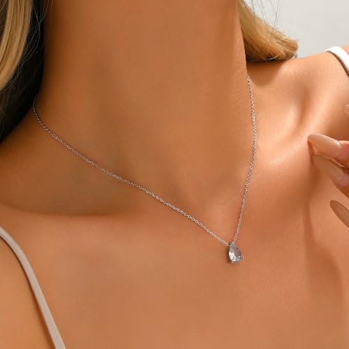 Cubic Zirconia Necklaces for Women 18K Gold Plated Tear drop Necklace Dainty Layered CZ Lariat Diamond Necklace - color: White Teardrop-White Gold