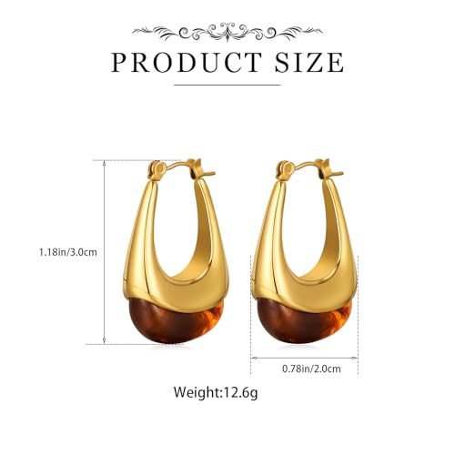 Brown Earrings Circle Chunky Earrings for Women Trendy 18K Gold Plated Stud Hoop Stainless Steel Hypoallergenic - color: Brown Hoop