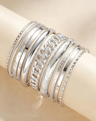 ÌF ME Gold Bangle Bracelets for Women, Indian Bangles Stackable Set, Multi Layer Textured 18K Gold Plated Chunky Bracelets Boho Jewelrys Set - style: C-silver-10PCS Chunky bangle