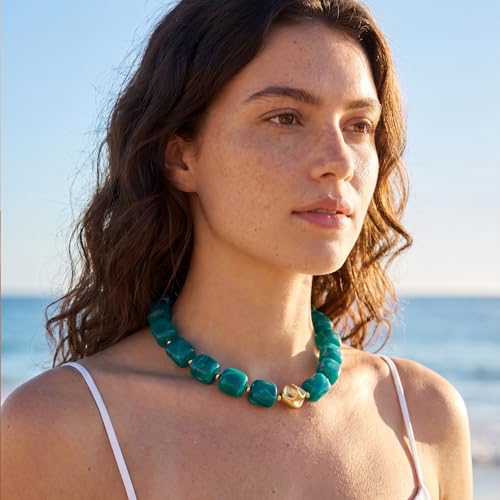Beaded Necklaces for Women Boho Chunky Necklace Statement Big Resin Bead Choker Fashion Summer Beach Jewelry - color: Teal Blue