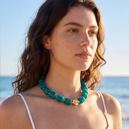 Beaded Necklaces for Women Boho Chunky Necklace Statement Big Resin Bead Choker Fashion Summer Beach Jewelry - color: Teal Blue