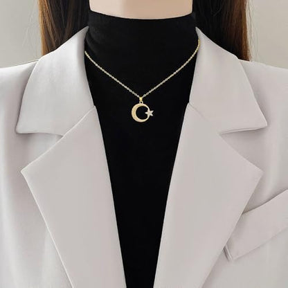 Dtja Round CZ Moon Star Pendant Necklace for Women 14K Gold Plated Stainless Steel Dainty Crystal Crescent Celestial Charms Adjustable Chain Choker Necklaces Cute Birthday Holiday Jewelry Gift 18"