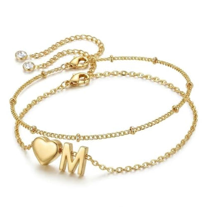 Gold Plated Layered Initial Charm Bracelet for Women - Personalized A-Z Letter Jewelry with Satellite Chain, Adjustable Bracelet Gift for Her, Everyday Wear - color: Gold-M