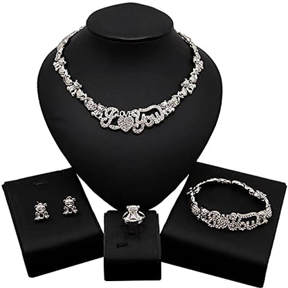 African Necklace Set Hugs and Kisses Gold Jewelry Sets For Women 18k Gold/Silver Filled LOVE Necklaces Jewelry Sets Wedding Jewelry Necklace Earrings Bracelet Ring Gifts - color: Silver