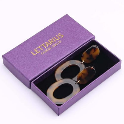Oval Drop Dangle Earrings for Women, Statement Geometric Ellipse Dangling Earrings - color: Tortoise Color