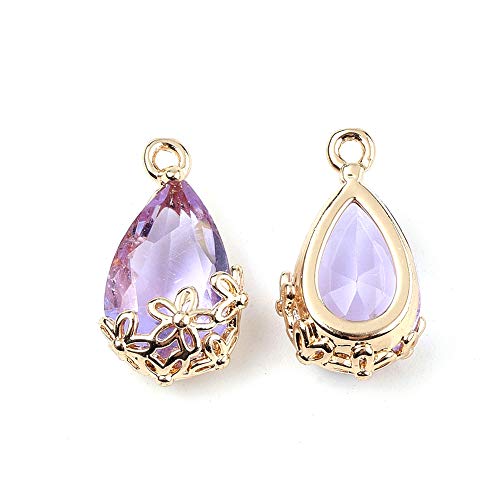 FASHEWELRY 50Pcs Faceted Transparent Glass Teardrop Pendants Crystal Glass Dangle Oval Drop Bead Charms with Golden Flower Open Back Settings for Jewelry Craft Making (Medium Purple) - color: Purple